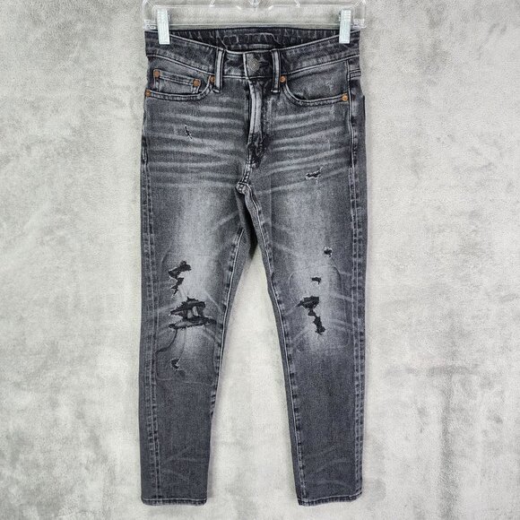 Mens American Eagle Airflex Slim Black Denim Jeans Distressed Size 26x28 - Picture 2 of 11